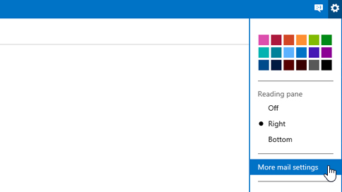 Outlook.com inbox showing the Options icon drop-down menu with More mail settings chosen
