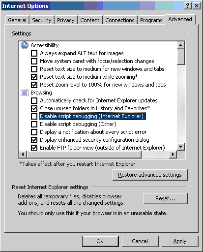 Advanced tab to enable script debugging
