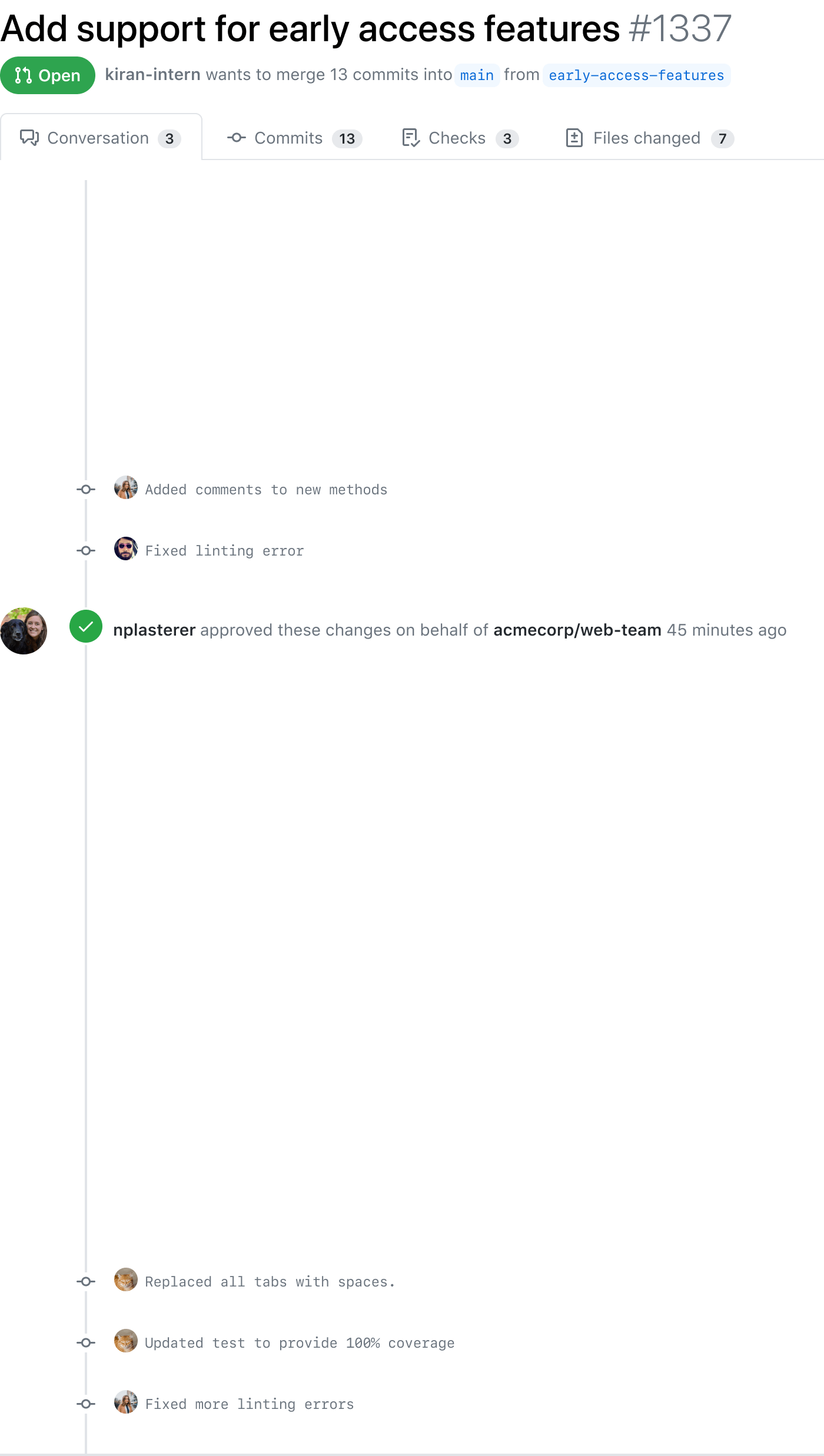Timeline of a pull request on GitHub