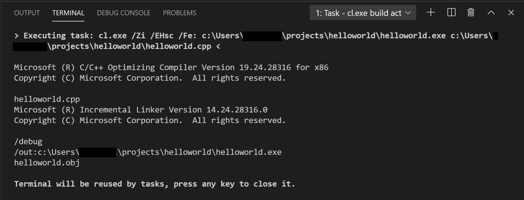 C++ build output in terminal