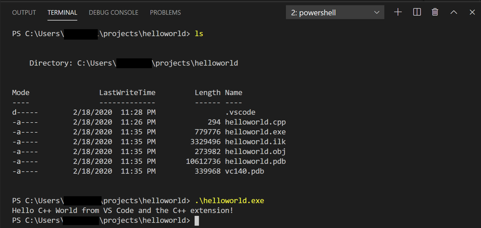 Hello World in PowerShell terminal