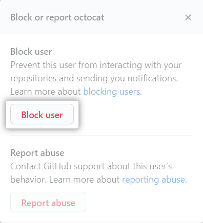 Modal box with options to block user or report abuse