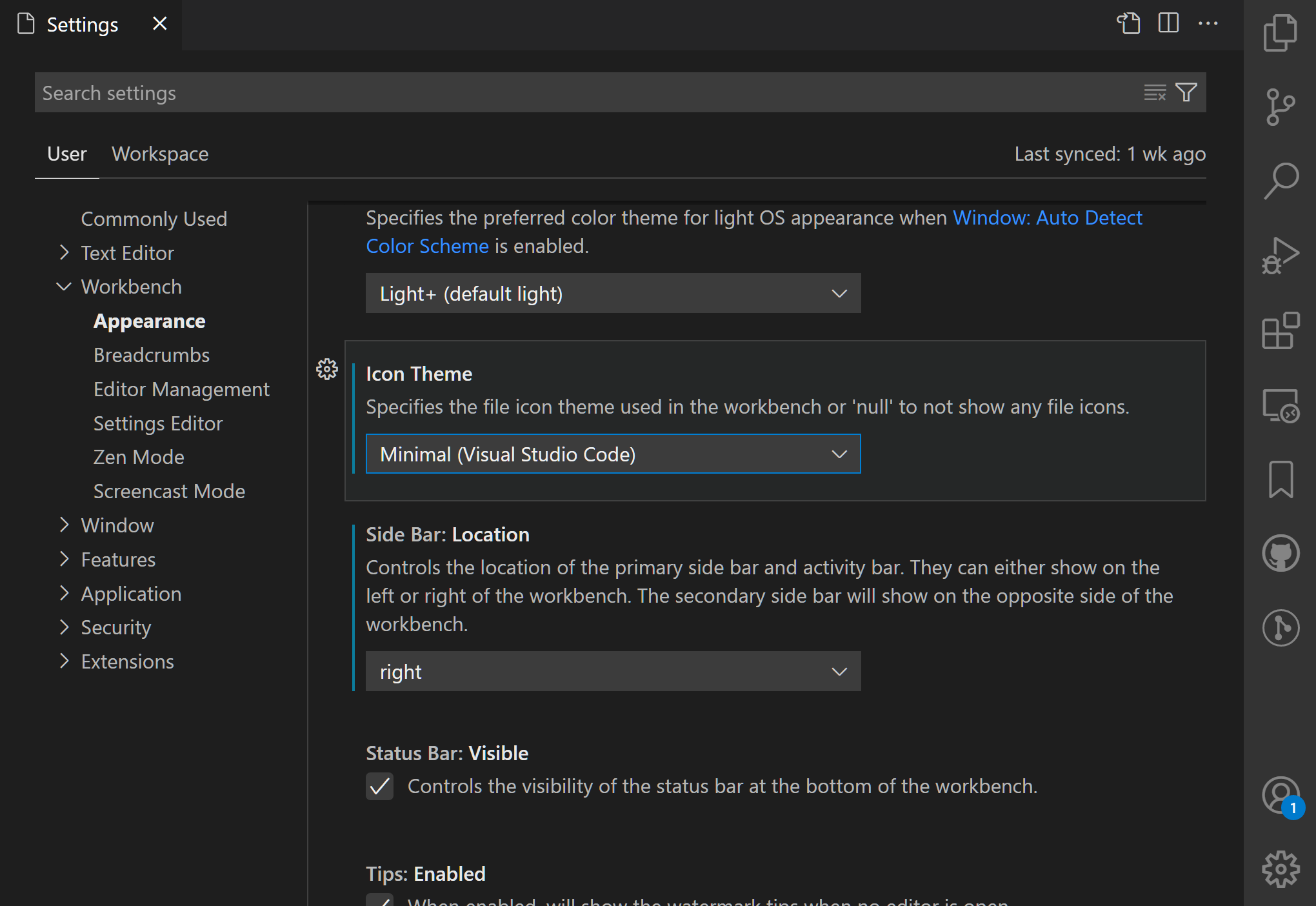 Modified settings in the Settings editor showing blue vertical bars to the left of them