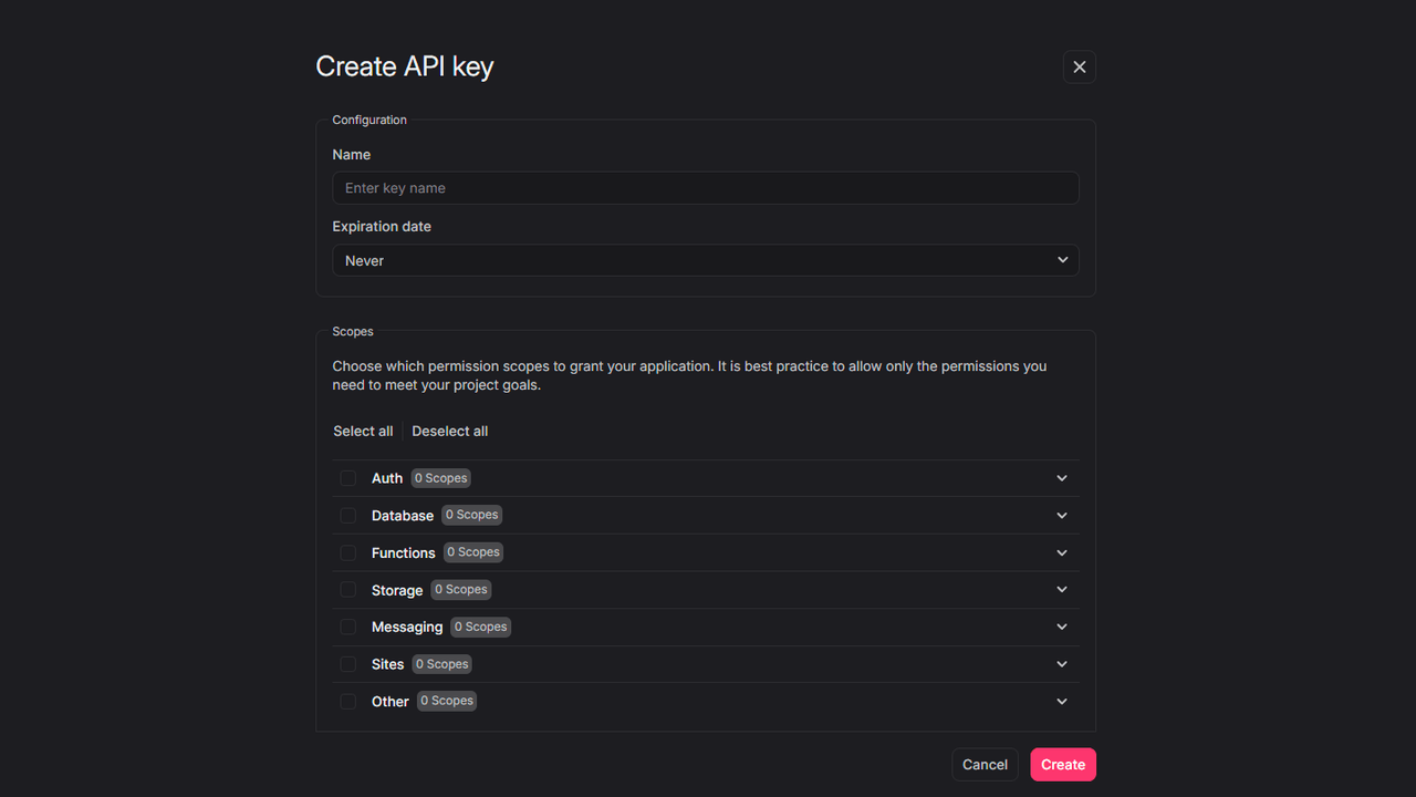 Create project screen