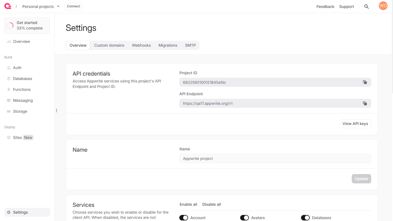 Project settings screen
